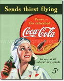 COKE-Sends Thirst Flying Tin Sign - Vintage Signs Canada