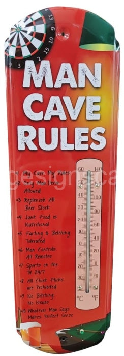 Man Cave Rules Metal Thermometer-17 3/8Highx5 1/8Wide Thermometer