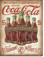 Coca Cola At Fountains And In Bottles Tin Sign