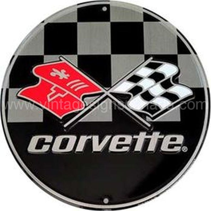 Corvette Checkered Flag 24 Round Tin Sign