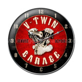 V Twin Garage Sign Clock Tin Cock